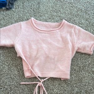 Pink Knit Crop Top with Tie Detail